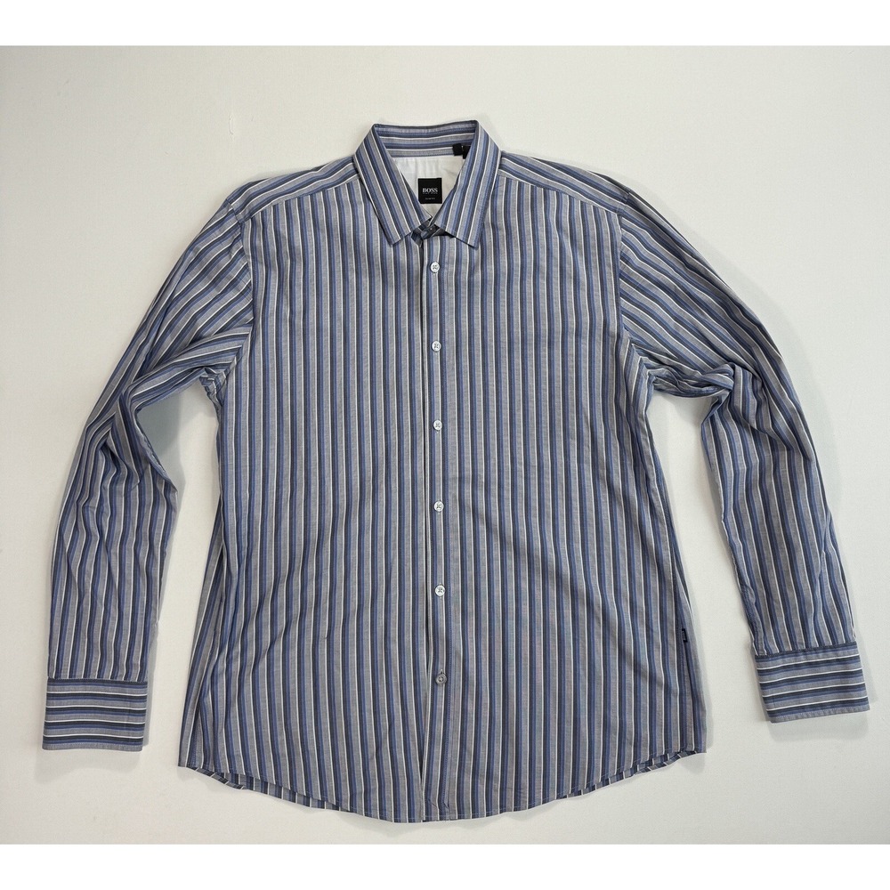 Hugo Boss Men Large Slim Fit Button Up Shirt Blue Striped Designer Cotton Casual
